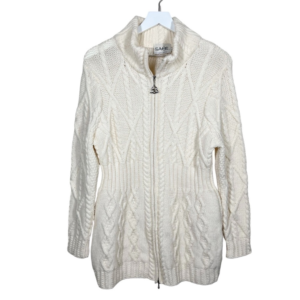Saol Womens Ireland Cablie Knit Merino Wool Full Zip Longline Sweater Size Large